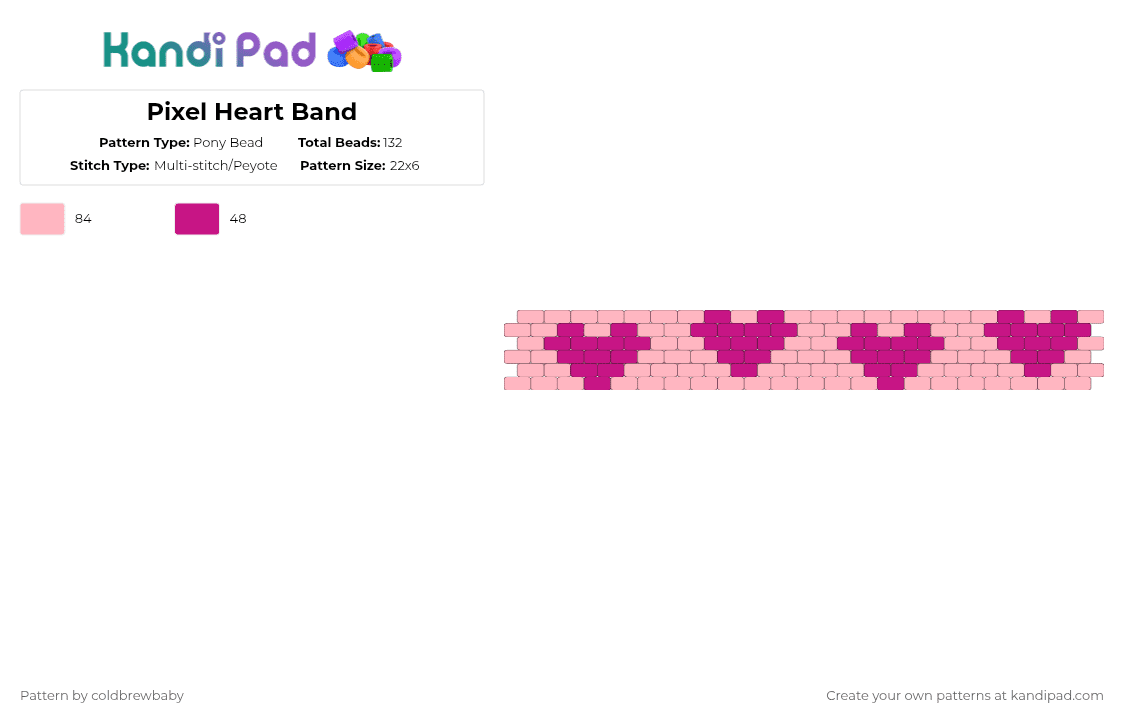 Pixel Heart Band - Pony Bead Pattern by coldbrewbaby on Kandi Pad - pink,heart,hearts,valentines day,valentines,february 14,pixel art,2 colors,cute