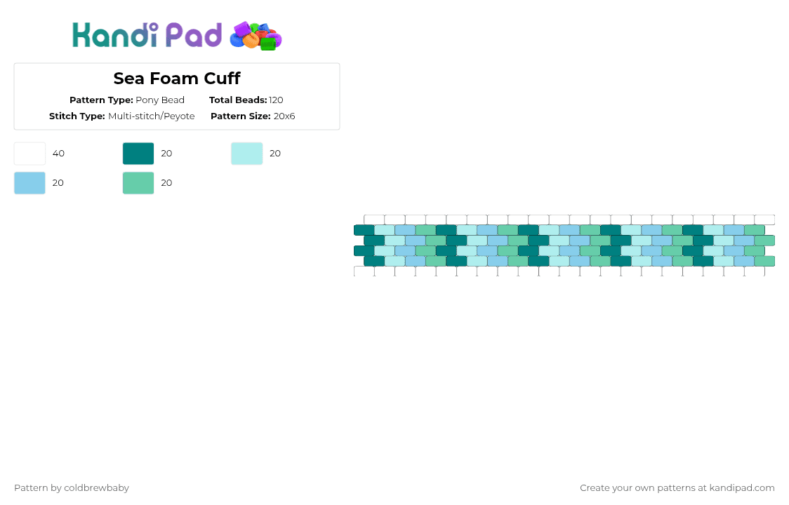 Sea Foam Cuff - Pony Bead Pattern by coldbrewbaby on Kandi Pad - teal,light blue,blue,blue green,ocean,sea,wave,kandi
