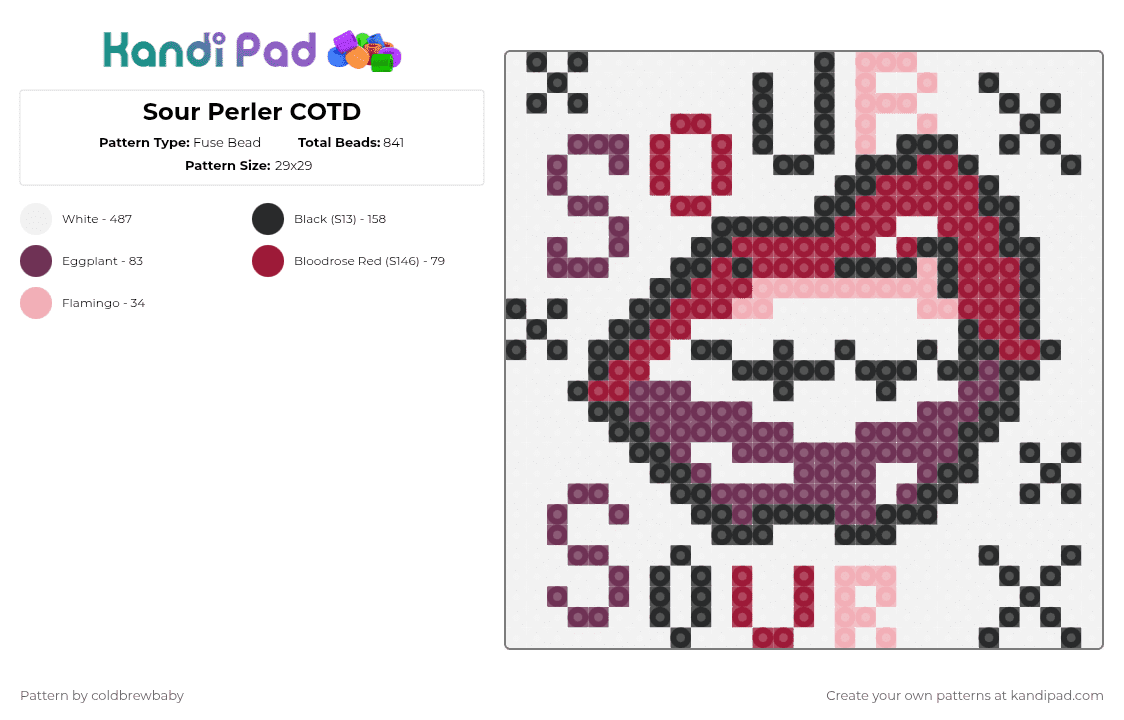 Sour Perler COTD - Fuse Bead Pattern by coldbrewbaby on Kandi Pad - white,red,pink,cotdsour,sour,scowl,snarl,sass