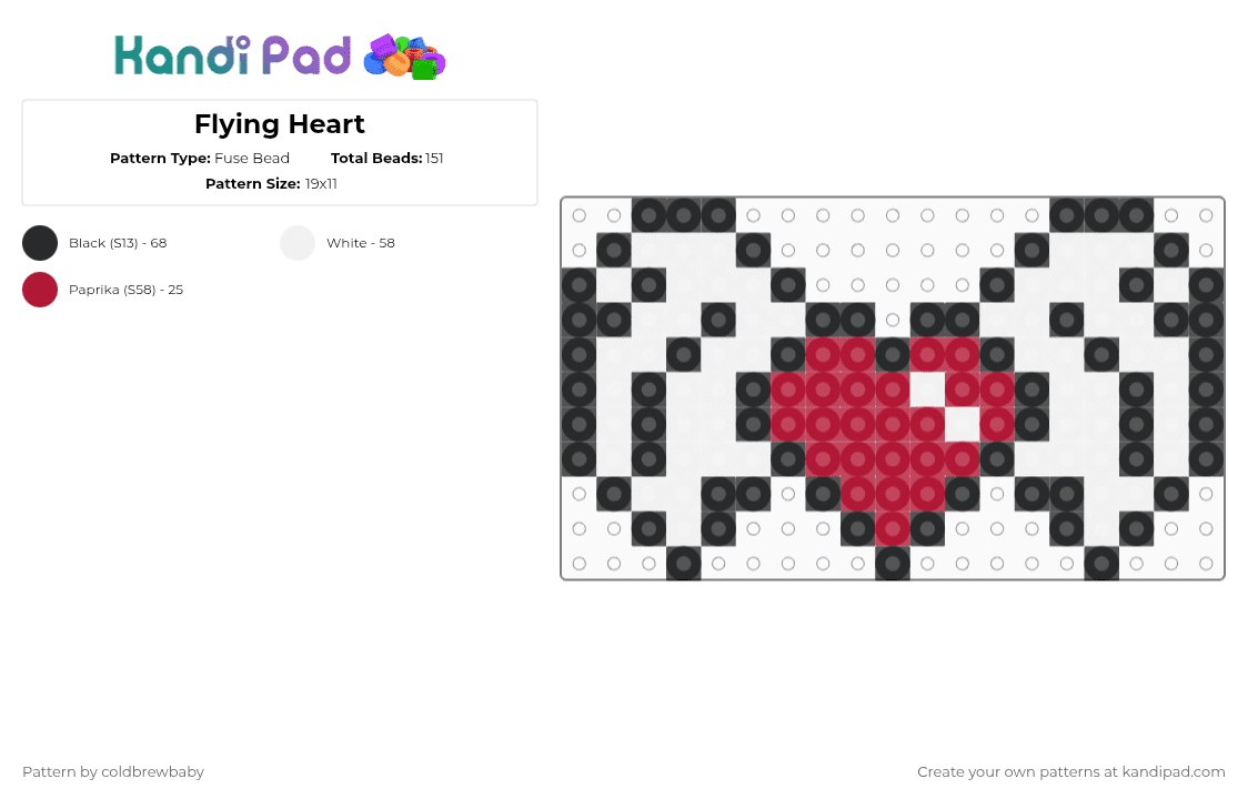 Flying Heart - Fuse Bead Pattern by coldbrewbaby on Kandi Pad - white,red,heart,valentines,v day,valentines day,hearts,cute,love,perler