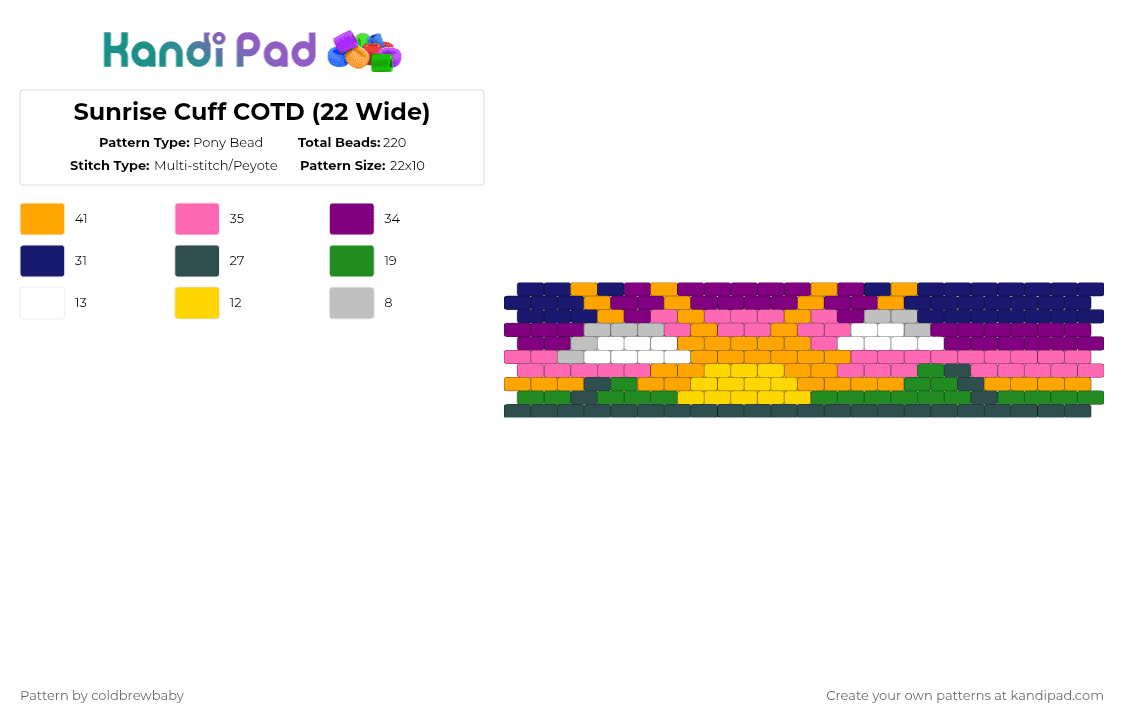 Sunrise Cuff COTD (22 Wide) - Pony Bead Pattern by coldbrewbaby on Kandi Pad - gray,orange,pink,purple,cotdsunrises,sun,sunrise,sunset,mountains,sky,nature,peyote