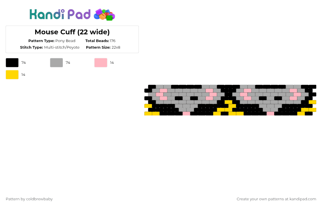 Mouse Cuff (22 wide) - Pony Bead Pattern by coldbrewbaby on Kandi Pad - beige,mouse,rat,cheese,mice,rodent,peyote