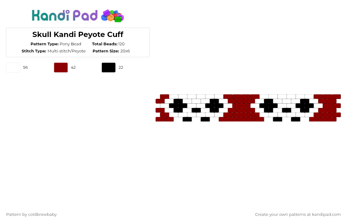 Skull Kandi Peyote Cuff - Pony Bead Pattern by coldbrewbaby on Kandi Pad - red,white,cotdpunkrock,punk,rock,goth,emo,alt,skull,edgy