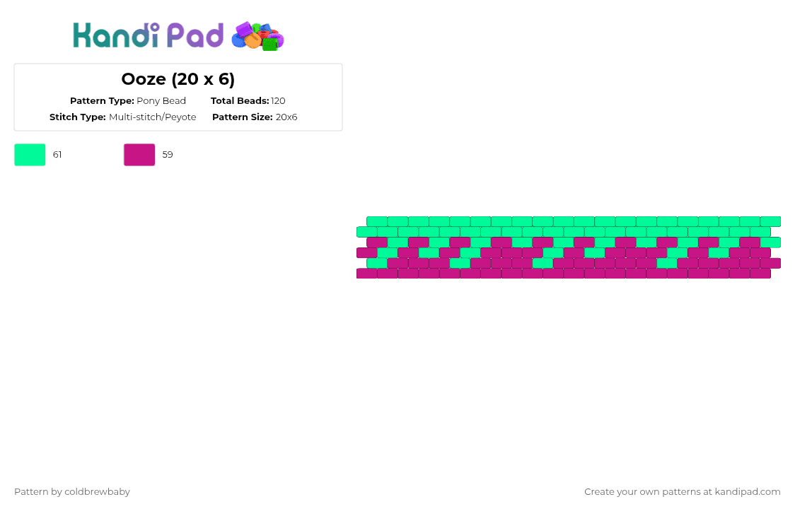 Ooze (20 x 6) - Pony Bead Pattern by coldbrewbaby on Kandi Pad - pink,teal,cotdcomplementarycolors,ooze,slime,neon,glow