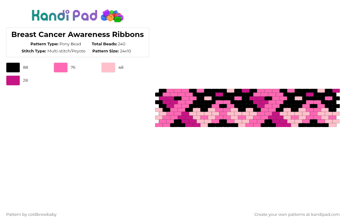 Breast Cancer Awareness Ribbons - Pony Bead Pattern by coldbrewbaby on Kandi Pad - pink,black,cotdribbons,ribbons,breast cancer,cancer,awareness ribbon,october