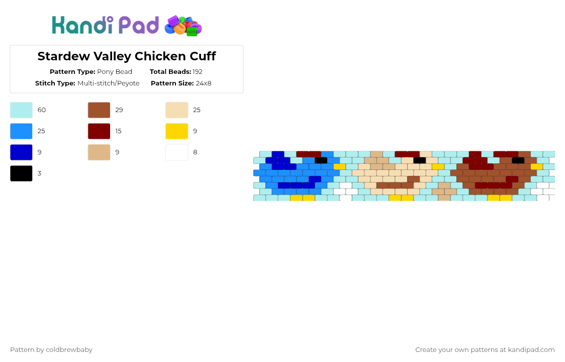 Stardew Valley Chicken Cuff - Pony Bead Pattern by coldbrewbaby on Kandi Pad - beige,red,light blue,stardew,stardew valley,blue chicken,bluebird,chicken,peyote,cute,concerned ape