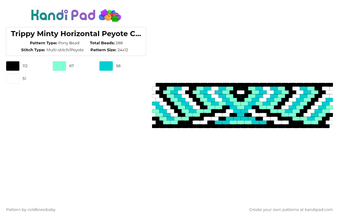 Trippy Minty Horizontal Peyote Cuff (24 x 12) - Pony Bead Pattern by coldbrewbaby on Kandi Pad - teal,light blue,geometric,shapes,accent color,color,black and white,gray