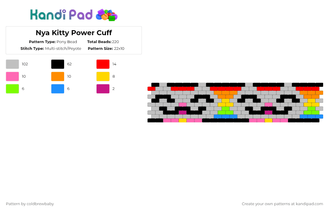 Nya Kitty Power Cuff - Pony Bead Pattern by coldbrewbaby on Kandi Pad - beige,cat,kitty,nya,kitty cat,pixel art,peyote,cute,kawaii