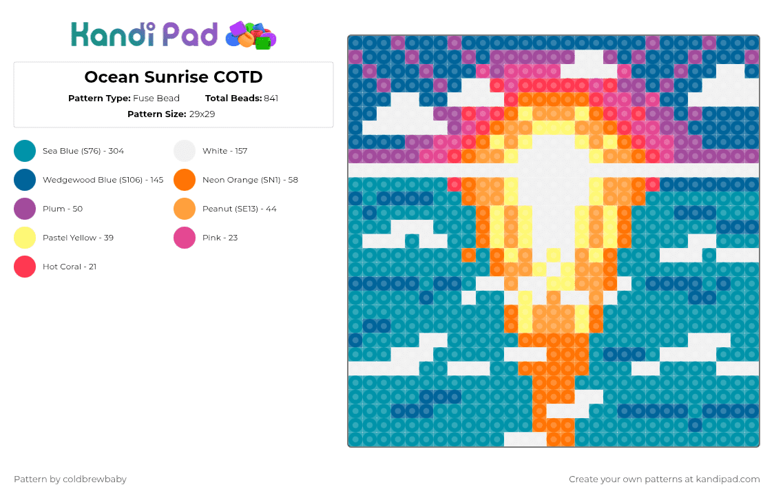 Ocean Sunrise COTD - Fuse Bead Pattern by coldbrewbaby on Kandi Pad - teal,blue,cotdsunrises,sun,sea,ocean,nature,sunset,atlantic ocean