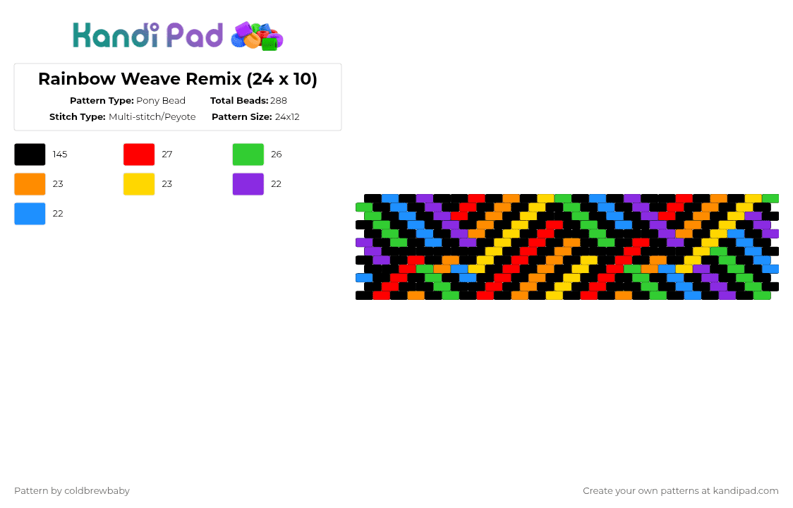 Rainbow Weave Remix (24 x 10) - Pony Bead Pattern by coldbrewbaby on Kandi Pad - black,light blue,green,yellow,colorful,cotdcomplementarycolors