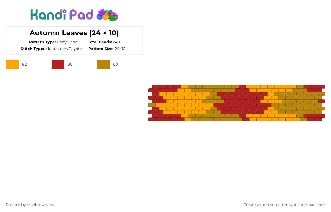 Autumn Leaves (24 × 10) - Pony Bead Pattern by coldbrewbaby on Kandi Pad - orange,red,gold,cotdleaves,leaf,leaves,autumn,fall,maple,brown