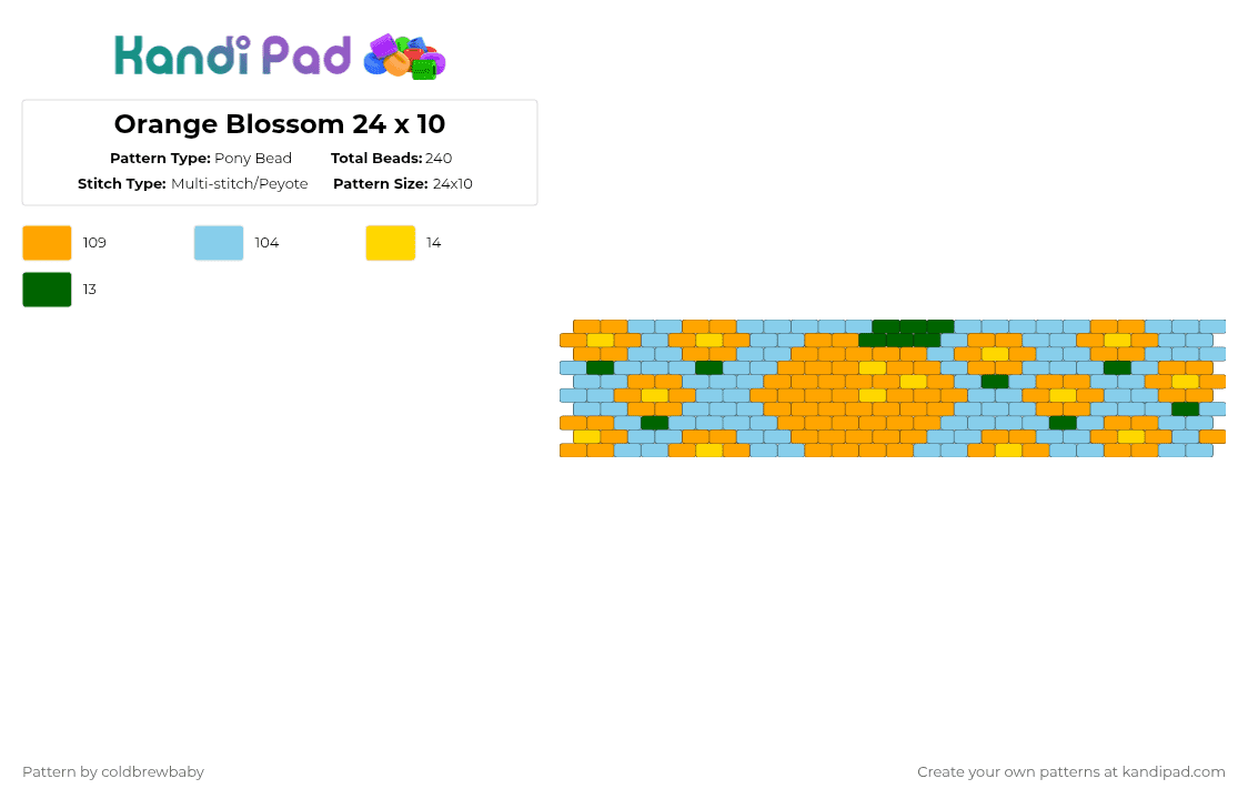 Orange Blossom 24 x 10 - Pony Bead Pattern by coldbrewbaby on Kandi Pad - orange,light blue,cotdcomplementarycolors,blue,flowers,spring