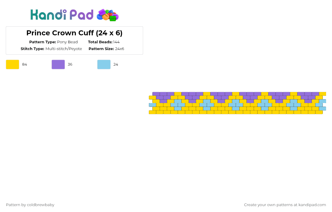 Prince Crown Cuff (24 x 6) - Pony Bead Pattern by coldbrewbaby on Kandi Pad - yellow,cotdcrowns,crowns,crown,prince,princess,queen,king,royal