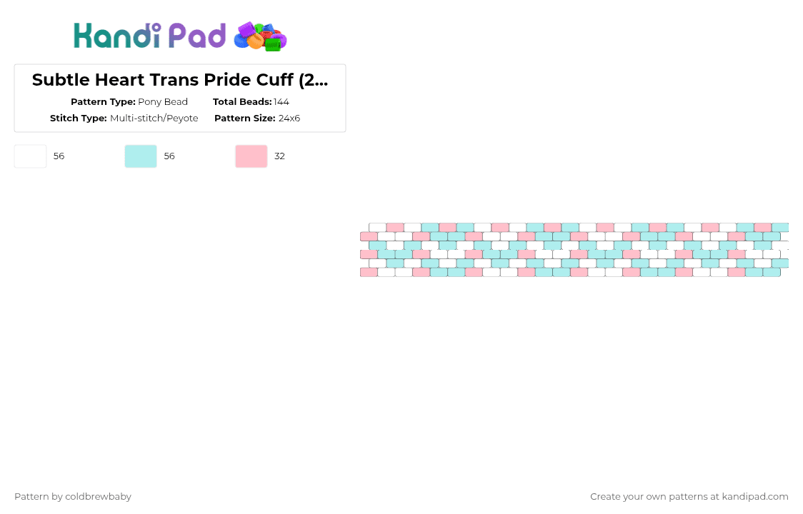 Subtle Heart Trans Pride Cuff (24 x 6) - Pony Bead Pattern by coldbrewbaby on Kandi Pad - pink,light blue,trans pride,lgbt,lgtbq,lgbtqia,pastel,hearts