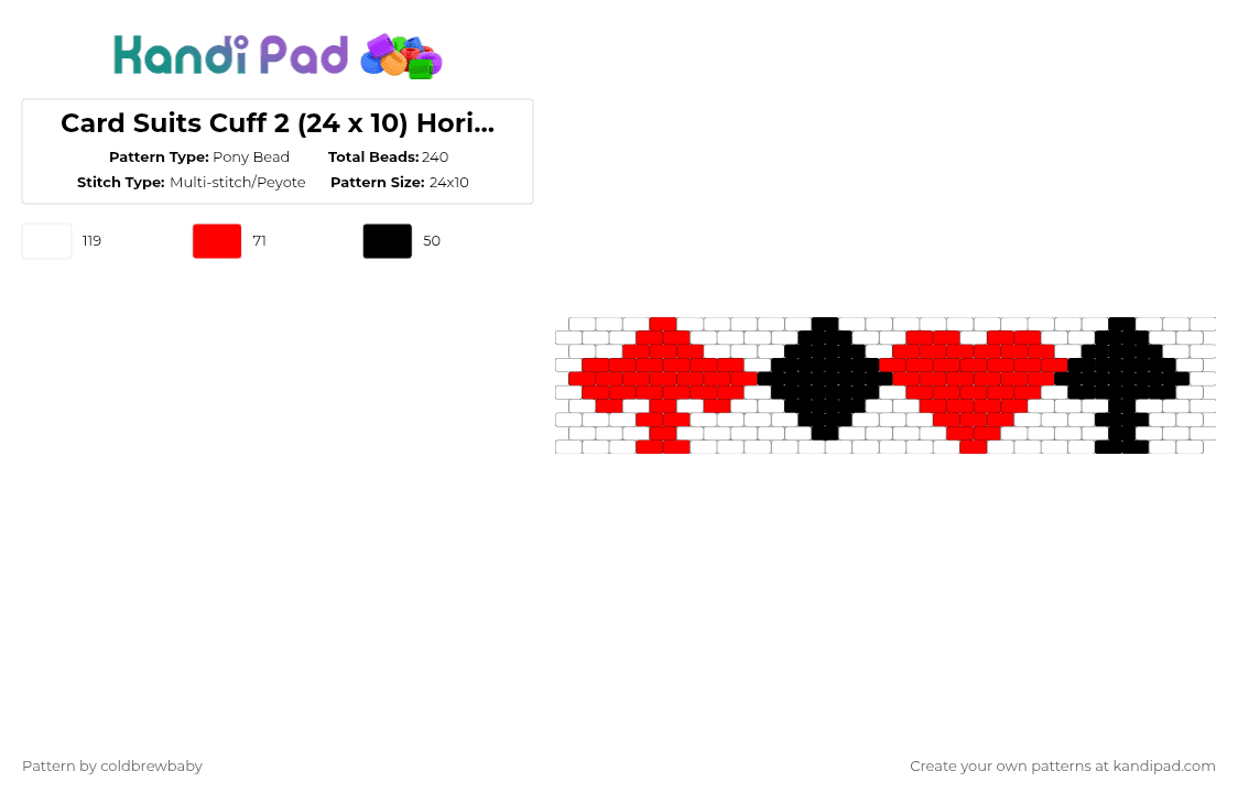 Card Suits Cuff 2 (24 x 10) Horizontal Peyote - Pony Bead Pattern by coldbrewbaby on Kandi Pad - red,white,cards,deck of cards,card suits,heart,spade,club,diamond,poker