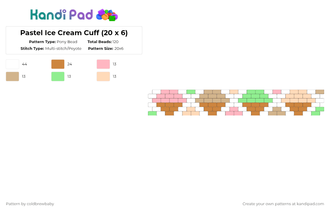 Pastel Ice Cream Cuff (20 x 6) - Pony Bead Pattern by coldbrewbaby on Kandi Pad - orange,beige,ice cream,cotdicecream,chocolate,vanilla,strawberry,mint,cute,pastel