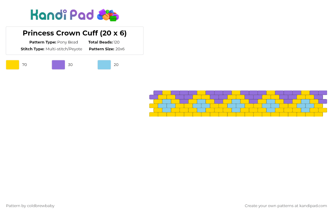 Princess Crown Cuff (20 x 6) - Pony Bead Pattern by coldbrewbaby on Kandi Pad - yellow,cotdcrowns,crown,princess,prince,queen,king,crowns,royalty
