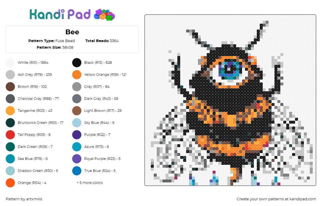 Bee - Fuse Bead Pattern by artxmiiis on Kandi Pad - bumble bee,eyeball,insect,nature,wings,antennae,stripes,flora,fauna,black,orange