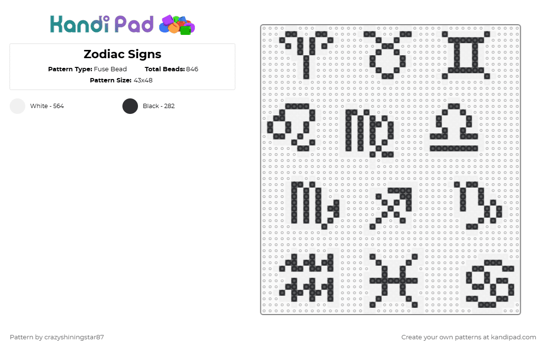Zodiac Signs - Fuse Bead Pattern by crazyshiningstar87 on Kandi Pad - black,white,cancer,aquarius,leo,capricorn,picses,gemini,zodiac,taurus