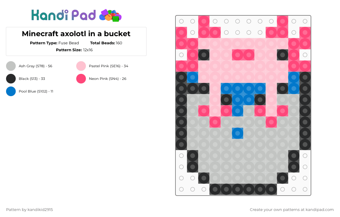 Minecraft axolotl in a bucket - Fuse Bead Pattern by kandikid2915 on Kandi Pad - pink,beige
