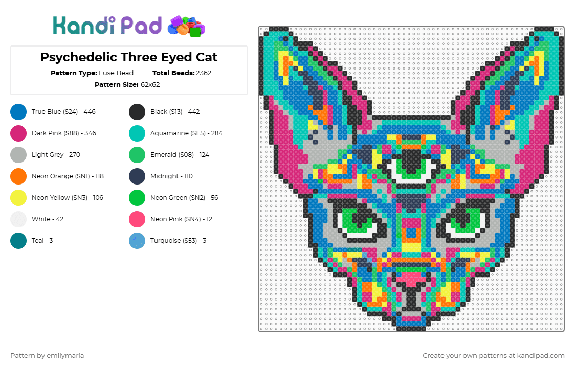 Psychedelic Three Eyed Cat - Fuse Bead Pattern by emilymaria on Kandi Pad - cat,animal,psychedelic,three eyed,creature,blue,pink,teal,colorful