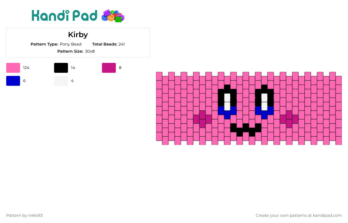 Kirby - Pony Bead Pattern by nikki93 on Kandi Pad - kirby,nintendo,cute,cuff,playful,iconic,adventures,charming,gaming,pink