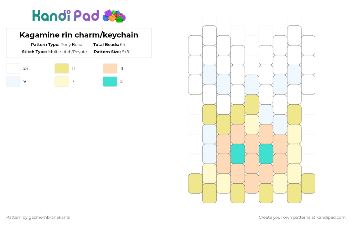 Kagamine rin charm/keychain - Pony Bead Pattern by gazmembranekandi on Kandi Pad - white,yellow,beige,vocaloid,kagamine rin,rin,pjsk,keychain,charm