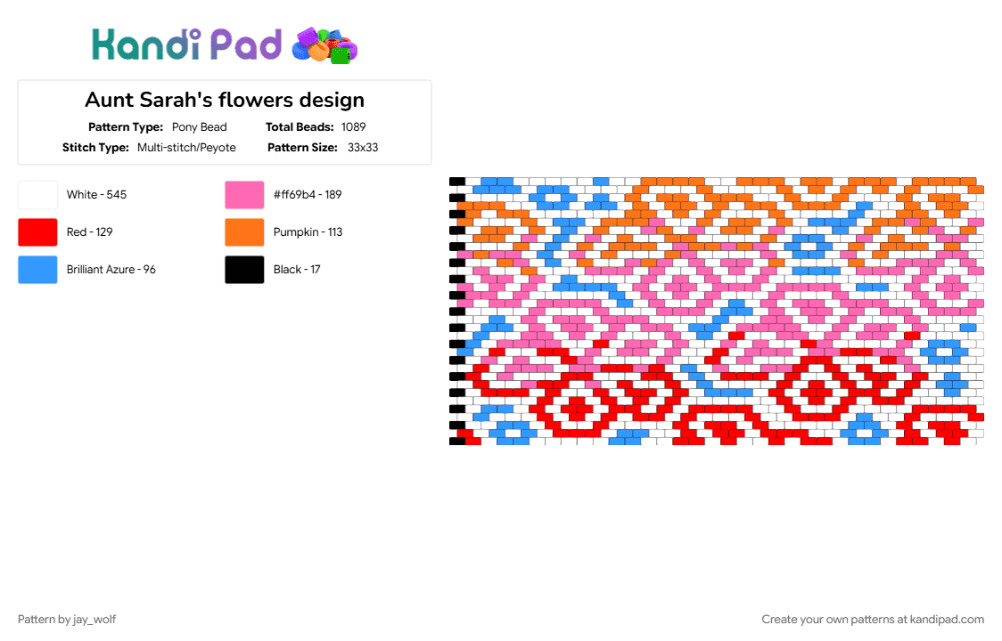 Aunt Sarah\'s flowers design - Pony Bead Pattern by jay_wolf on Kandi Pad - beaded crochet, blue, flowers, orange, pink, red, repeating pattern, tropical, white