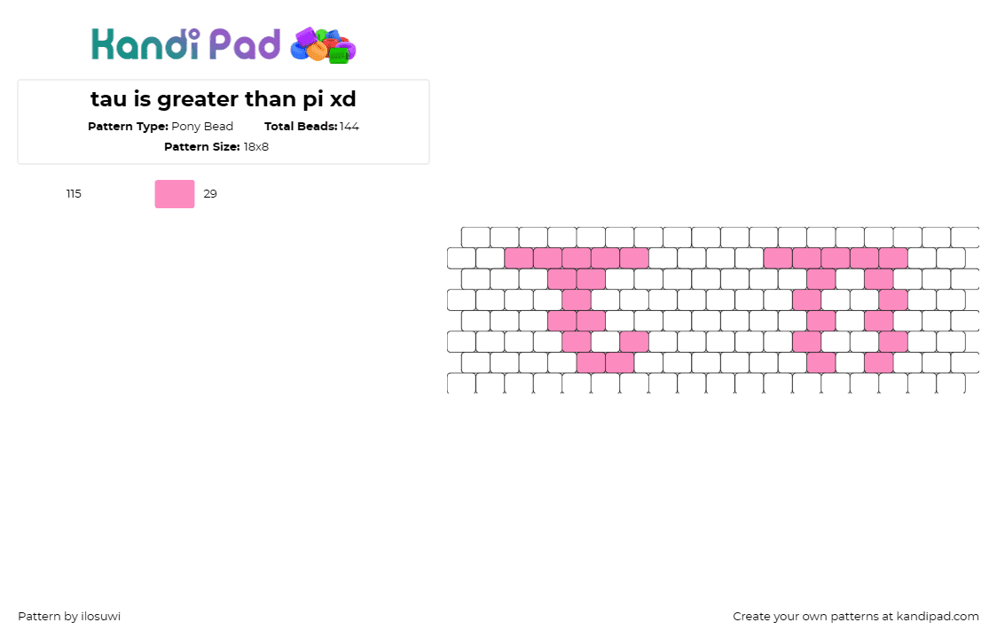 tau is greater than pi xd - Pony Bead Pattern by ilosuwi on Kandi Pad - tau,pi,greek,math,symbol,cuff,pink,white