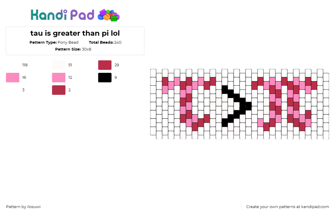 tau is greater than pi lol - Pony Bead Pattern by ilosuwi on Kandi Pad - tau,pi,greek,math,symbol,cuff,red,pink,white