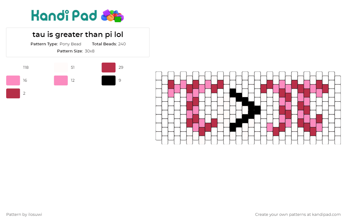 tau is greater than pi lol - Pony Bead Pattern by ilosuwi on Kandi Pad - tau,pi,greek,math,symbol,cuff,red,pink,white