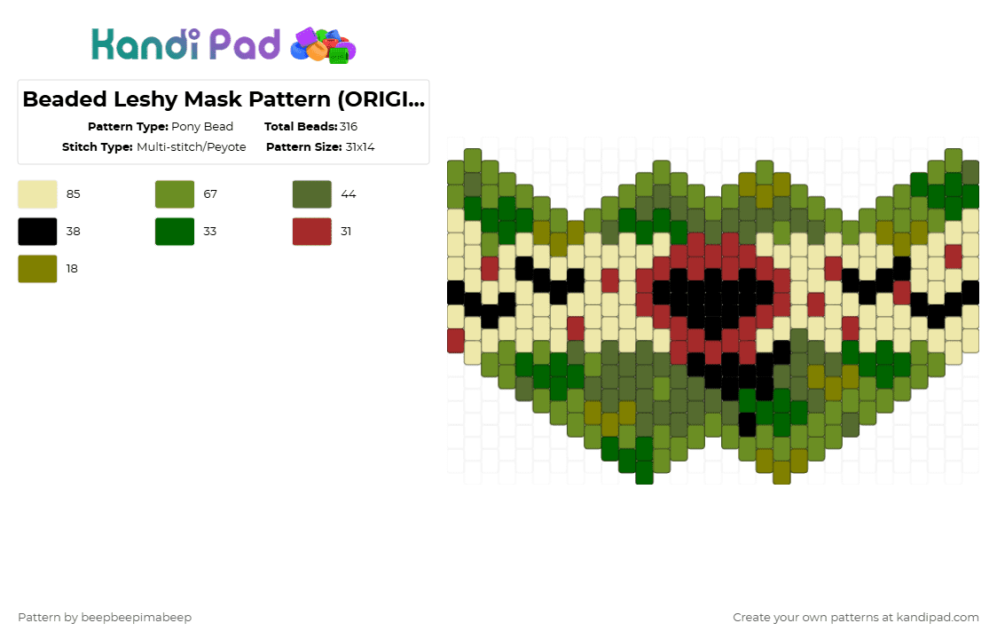 Beaded Leshy Mask Pattern (ORIGINAL FIXED YIPEEEEE) - Pony Bead Pattern by beepbeepimabeep on Kandi Pad - green,yellow