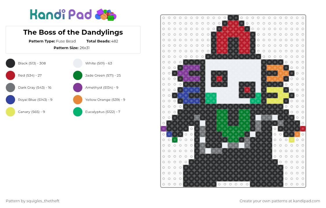 The Boss of the Dandylings - Fuse Bead Pattern by squigles_thetheft on Kandi Pad - autistic, beeg, black, dandys world, forsaken, forsaken dandys world big, gray, green, red