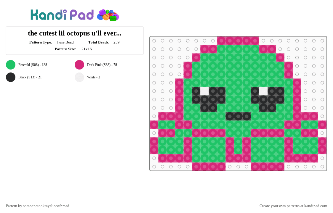 the cutest lil octopus u\'ll ever see - Fuse Bead Pattern by someonetookmysliceofbread on Kandi Pad - pink,green,cute,animals