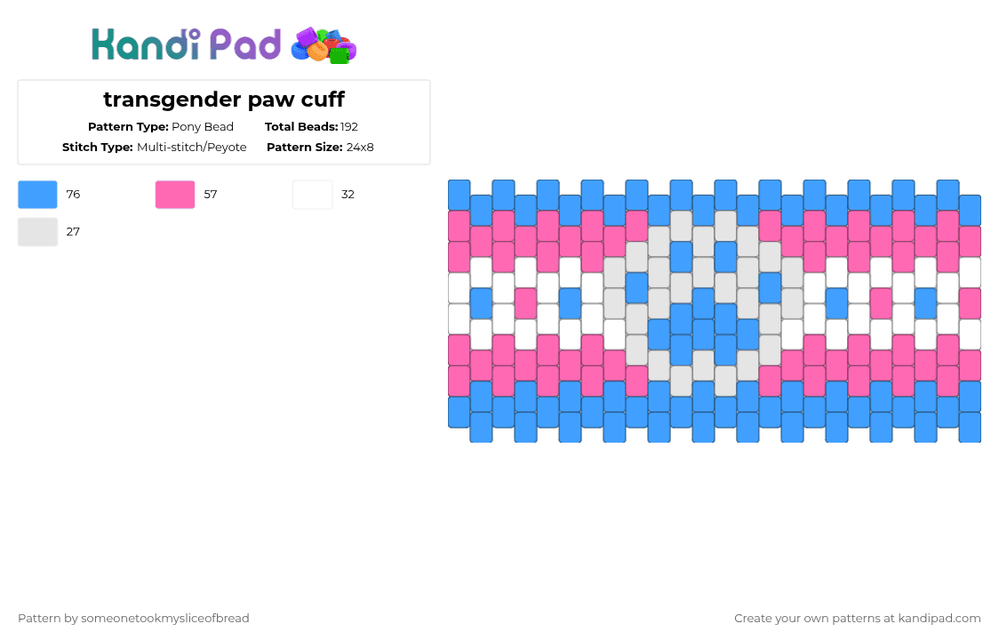 transgender paw cuff - Pony Bead Pattern by someonetookmysliceofbread on Kandi Pad - light blue,pink,transgender,pride,paw,blue,white