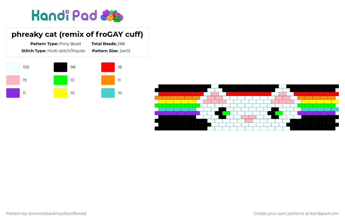 phreaky cat (remix of froGAY cuff) - Pony Bead Pattern by someonetookmysliceofbread on Kandi Pad - white,red,green,pink,pride,rainbow,cat,animals