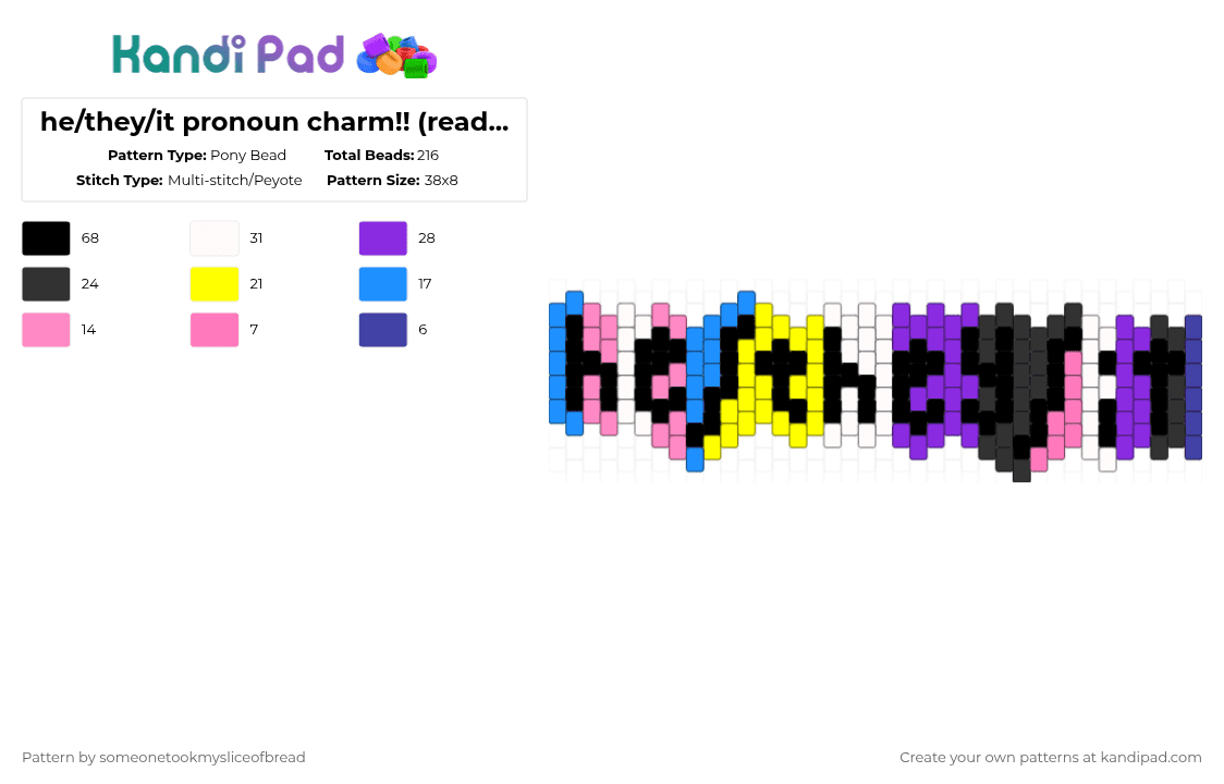 he/they/it pronoun charm!! (read desc) - Pony Bead Pattern by someonetookmysliceofbread on Kandi Pad - purple,pride,pronouns,he they it,nonbinary,transgender,genderfluid