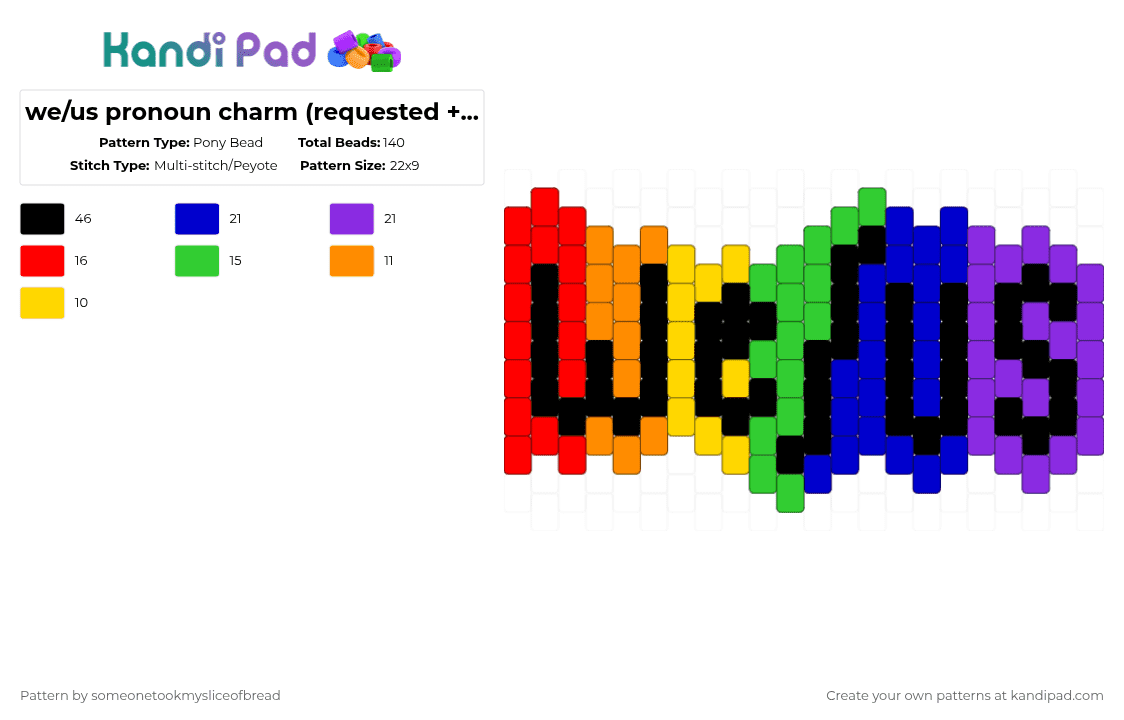 we/us pronoun charm (requested + read desc) - Pony Bead Pattern by someonetookmysliceofbread on Kandi Pad - purple,pride,weus,rainbow,pronouns,letters,system