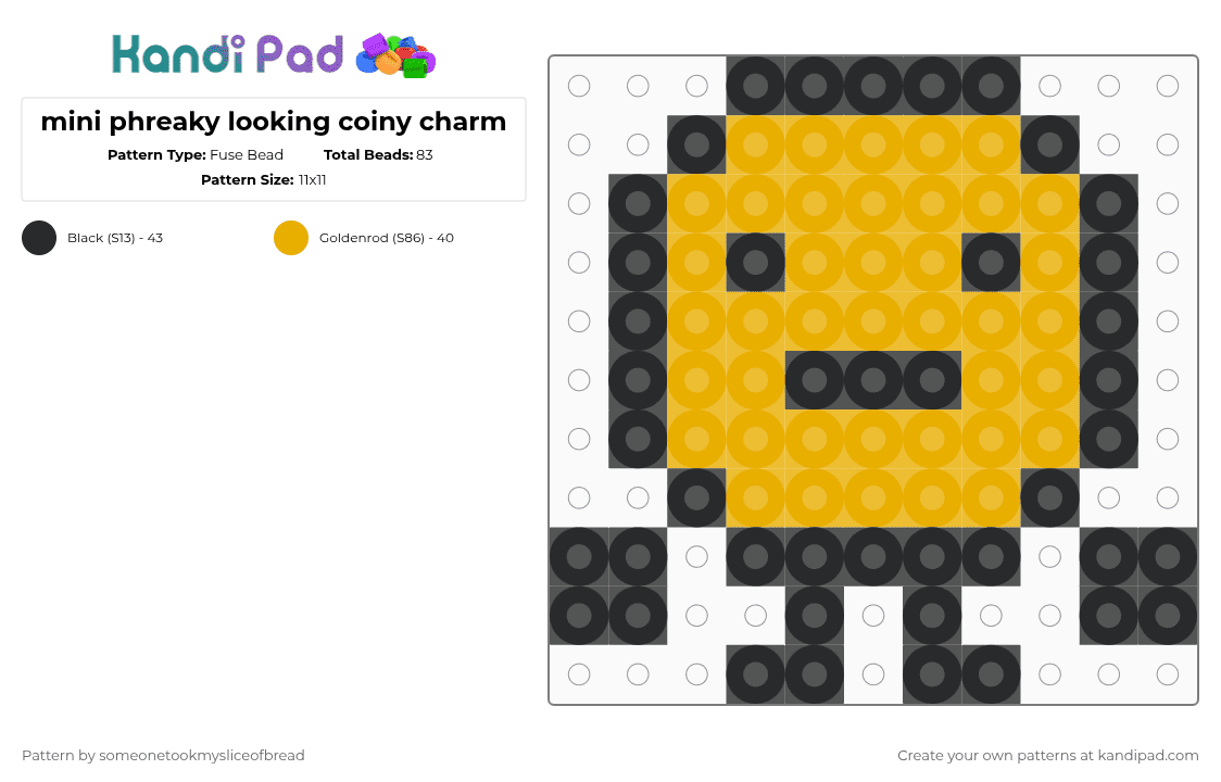 mini phreaky looking bfdi coiny charm - Fuse Bead Pattern by someonetookmysliceofbread on Kandi Pad - black,orange,cotdstpatricksday2026,gold,coiny,bfdi