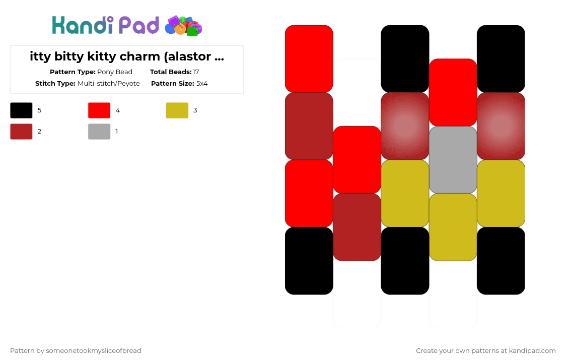 itty bitty kitty charm (alastor colors) - Pony Bead Pattern by someonetookmysliceofbread on Kandi Pad - cat, hazbinhotel, kitty, red, spooky