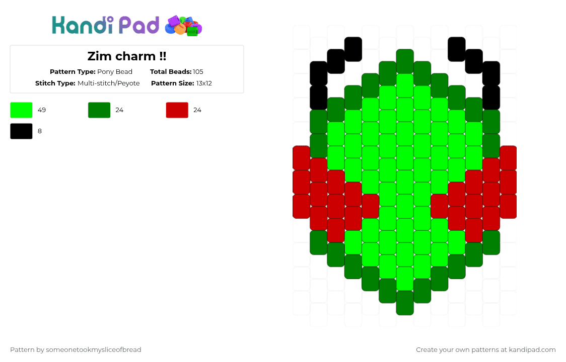 Zim charm !! - Pony Bead Pattern by someonetookmysliceofbread on Kandi Pad - green,zim,invaderzim,charm