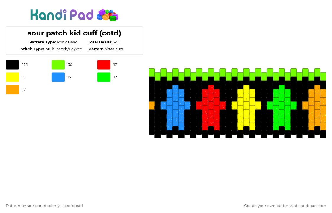 sour patch kid cuff (cotd) - Pony Bead Pattern by someonetookmysliceofbread on Kandi Pad - black,green,cotdsour,sour,candy,multistitch