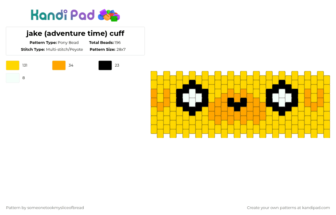 jake (adventure time) cuff - Pony Bead Pattern by someonetookmysliceofbread on Kandi Pad - yellow,adventuretime,jake,jakeadventuretime,cartoonnetwork