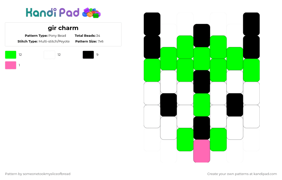 gir charm - Pony Bead Pattern by someonetookmysliceofbread on Kandi Pad - green,gir,invaderzim,zim,cartoon