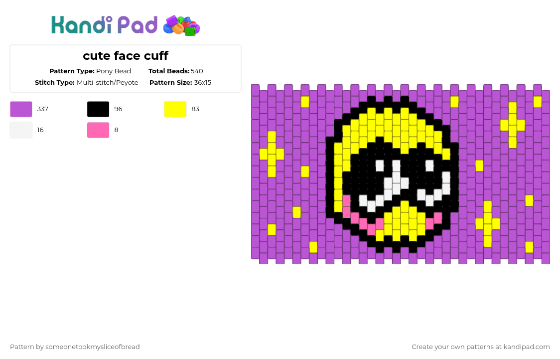 cute face cuff - Pony Bead Pattern by someonetookmysliceofbread on Kandi Pad - pink,cute,cuff,face,purple,stars,yellow