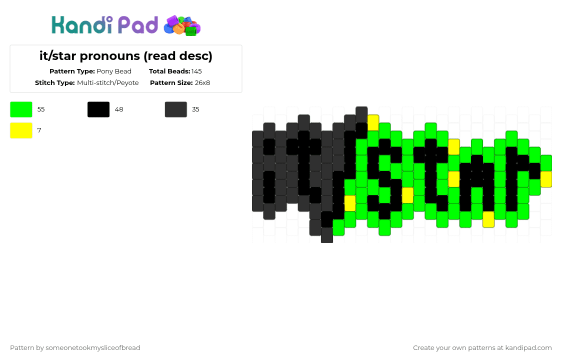 it/star pronouns (read desc) - Pony Bead Pattern by someonetookmysliceofbread on Kandi Pad - green,it star,neopronouns,star,pride,pronouns