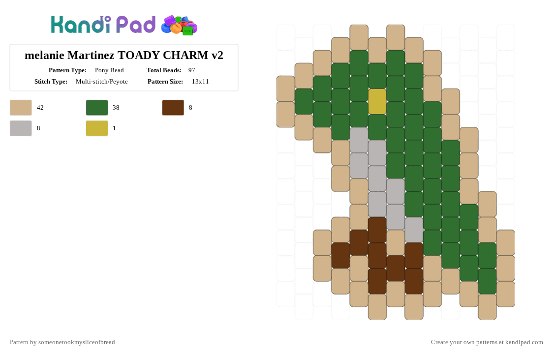 melanie Martinez TOADY CHARM v2 - Pony Bead Pattern by someonetookmysliceofbread on Kandi Pad - beige,green,melanie,martinez,melanie martinez,hades,toady,music,album,singer