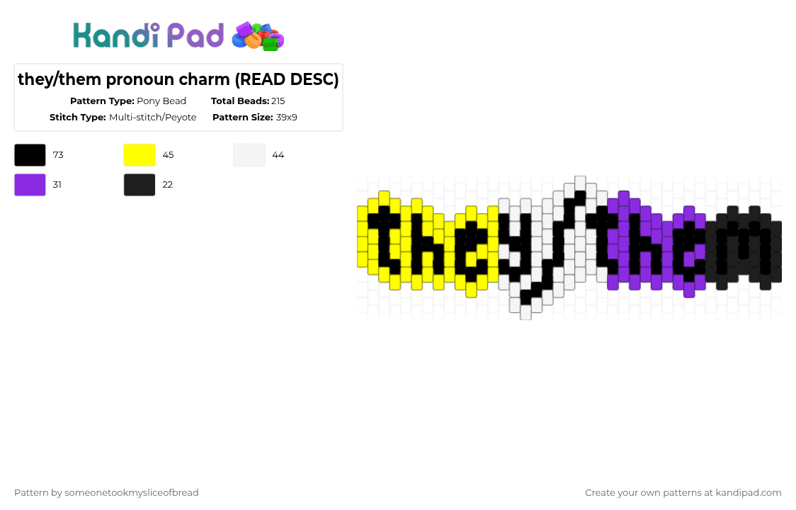 they/them pronoun charm (READ DESC) - Pony Bead Pattern by someonetookmysliceofbread on Kandi Pad - yellow,purple,pride,nonbinary