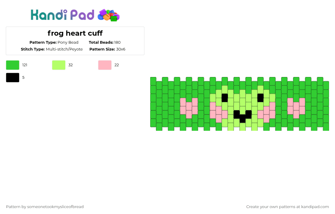 frog heart cuff - Pony Bead Pattern by someonetookmysliceofbread on Kandi Pad - green,frog,cuff,multistitch