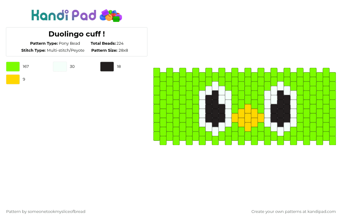 Duolingo cuff ! - Pony Bead Pattern by someonetookmysliceofbread on Kandi Pad - green,duolingo,cuff,multistitch